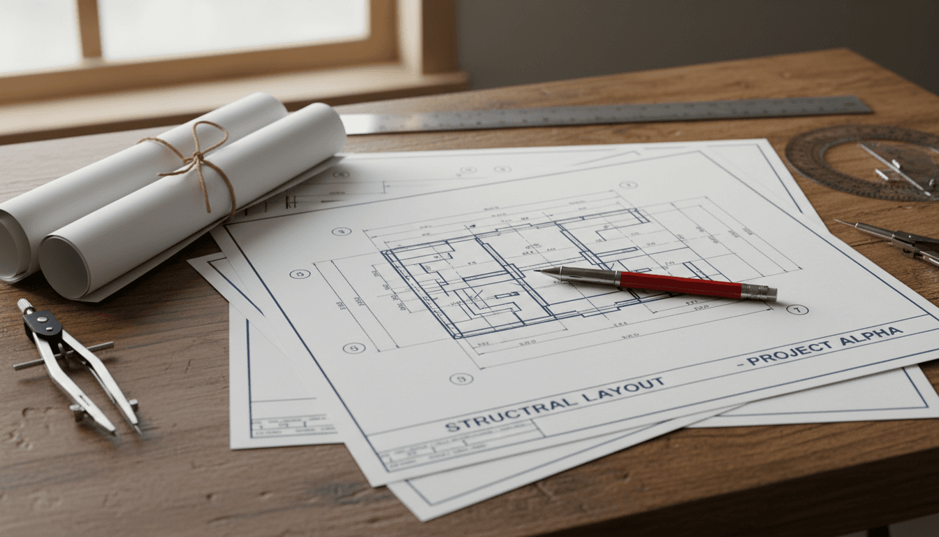 Close up of engineering drawings and plans on a table