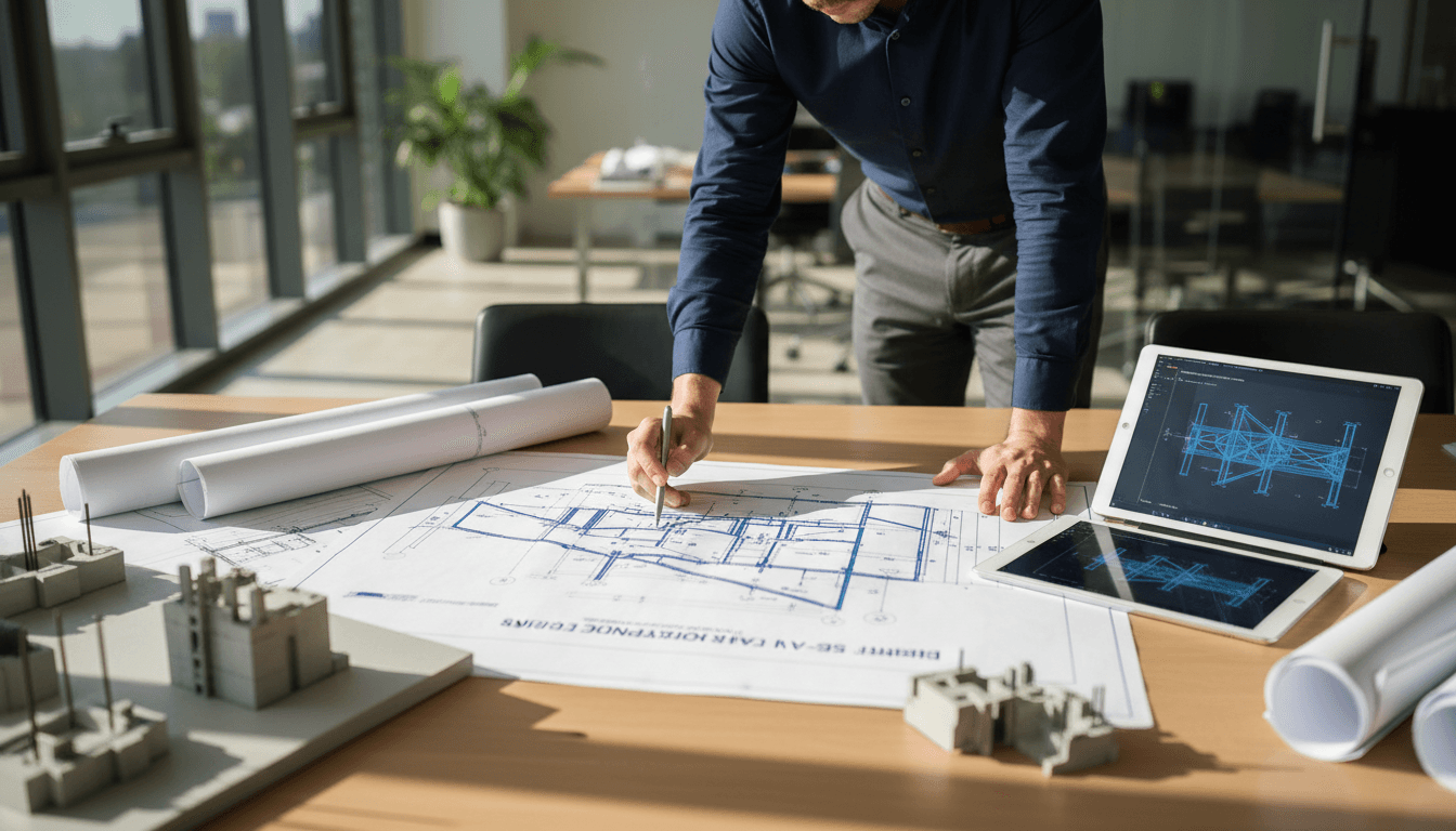 Civil engineer reviewing structural blueprints and site plans on conference table with CAD renderings and technical tools visible
